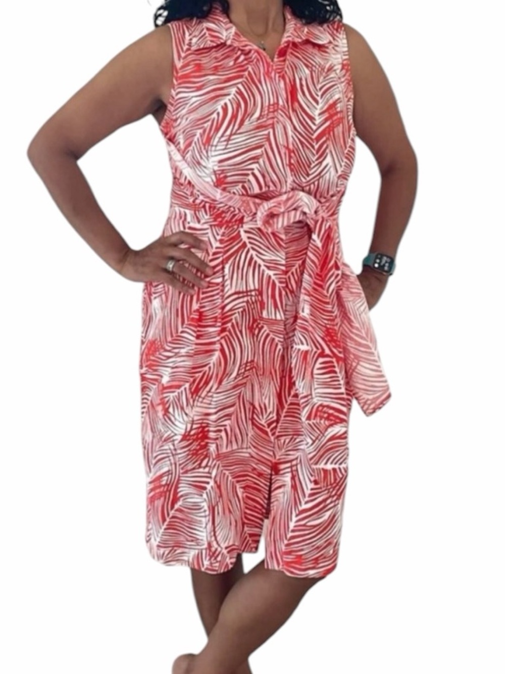 Talbots Orange & White Palm Print Tie-Waist Sleeveless Shirt Dress 12